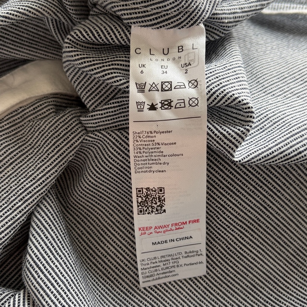 Club L BEATRIZ Grey Linen Pinstripe Mini Shirt Dress Long Sleeves Belted Sz 2 - Picture 11 of 15